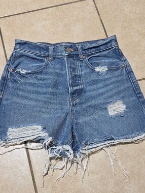 Express Distressed Blue Denim High-Rise Jean Shorts